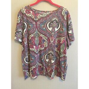 Talbots Women's Top Multicolor Paisley Short Sleeve Boat Neck Cotton Size 2X